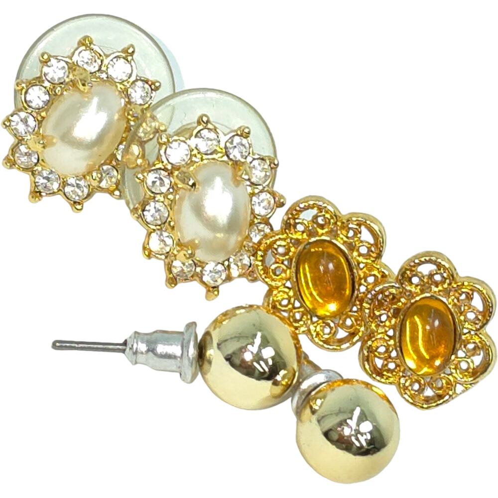 Vintage Roman Pearl Crystal Gold Tone Stud Earrings 2 Unmarked Pierced Faux